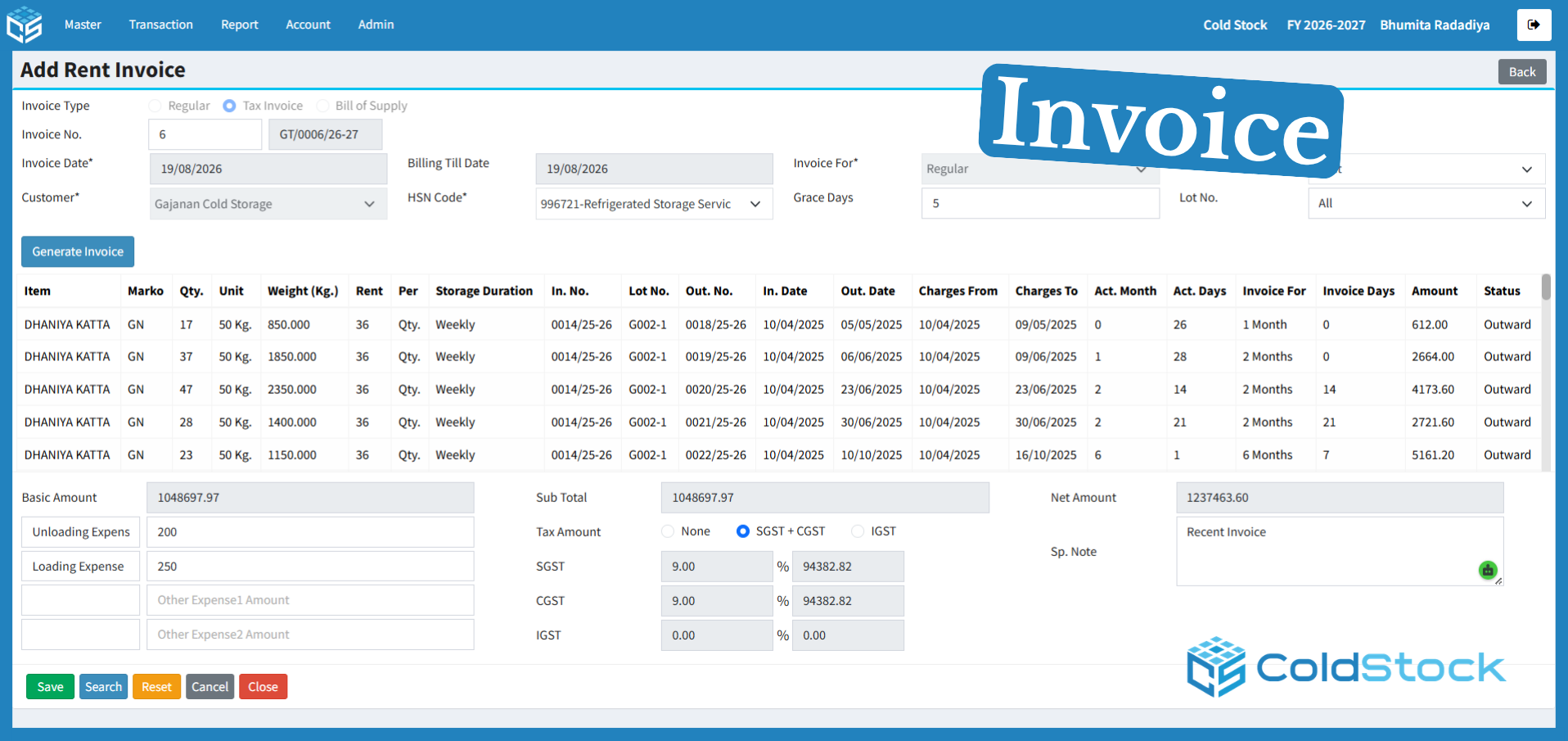 ColdStock Automatic Invoice Generation Software