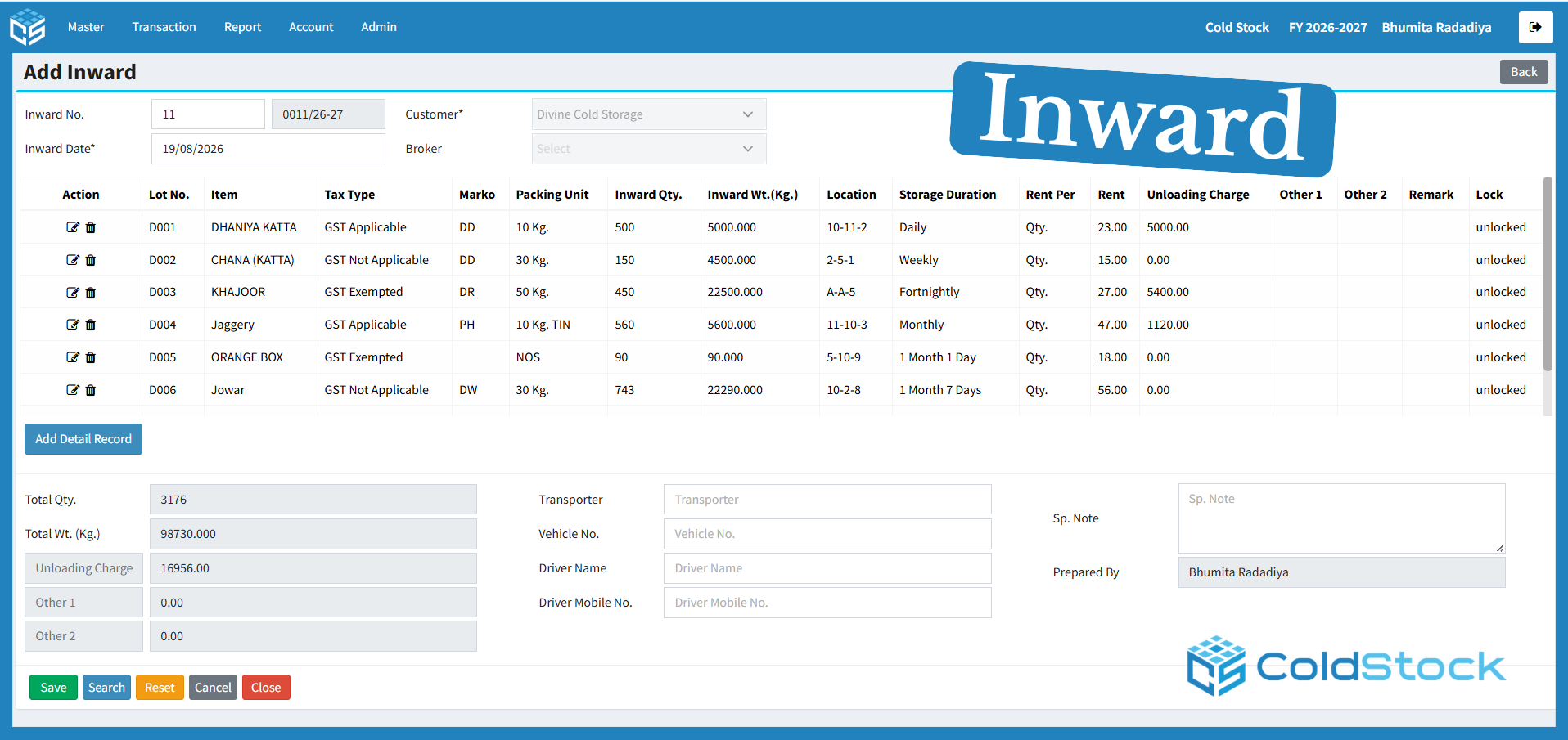 ColdStock Inward Management Software