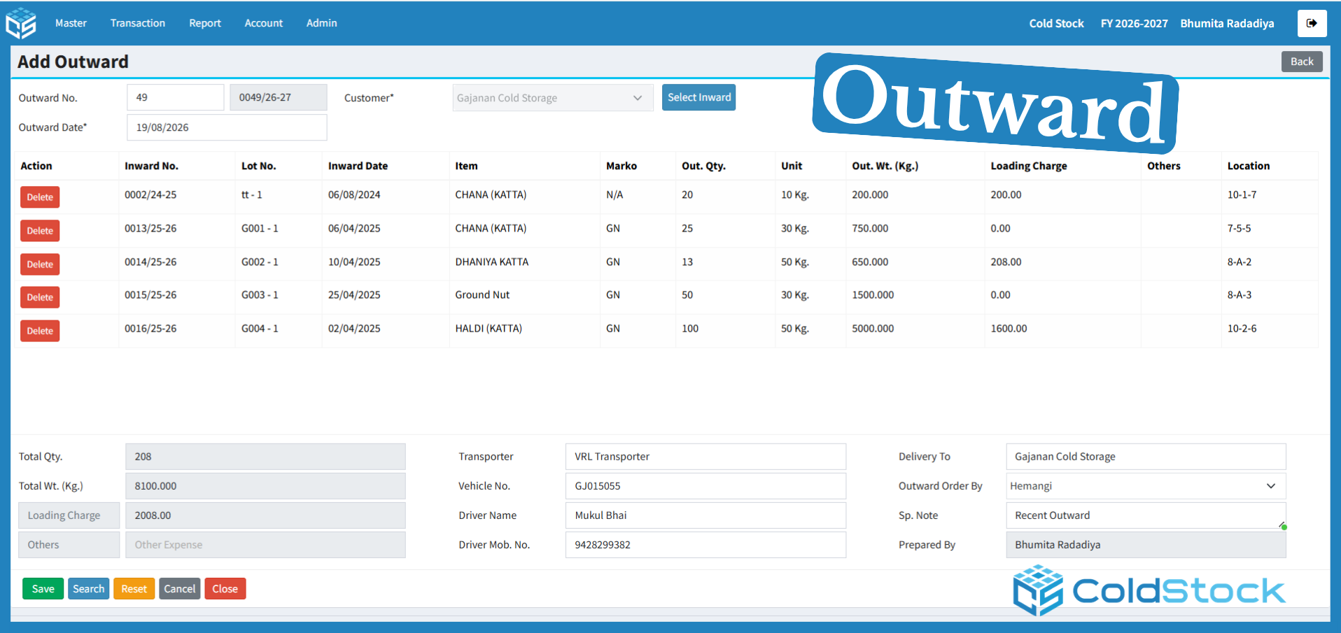 ColdStock Outward Management Software